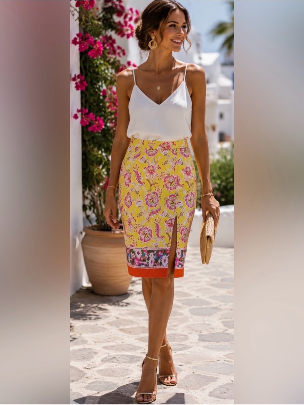 Maeve Anthropologie Vibrant Floral Yellow Midi Pencil Skirt with Side Slit